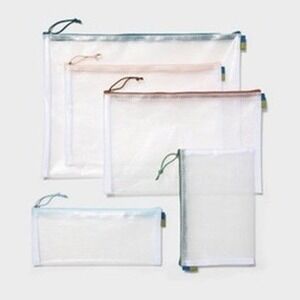 Open Story 5pc Clear Toiletry Set Travel Unisex OS White Mesh Organizer Bags NEW